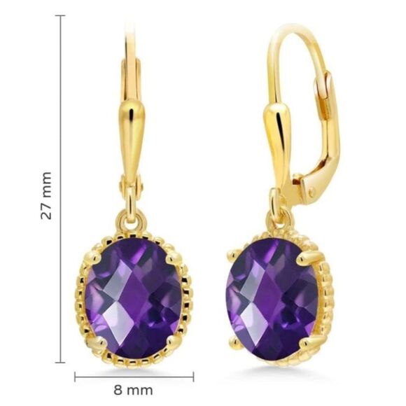 18K Yellow Gold 925 with 3.20 Cttw Amethyst Oval Leverback Hook Earrings - Picture 4 of 4